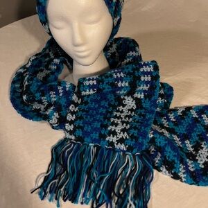 Vibrant Blue and Black Knitted Scarf and Hat Set